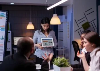 lead generation software woman showing graphs